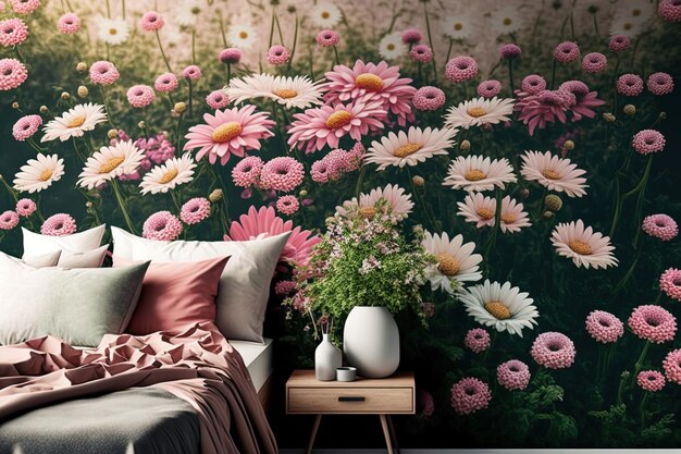 Garden filled with pink daises natural wallpaper a design wall a text area and spring flowers