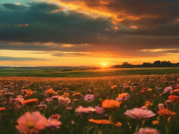 Foto un giardino di fiori al tramonto