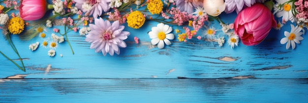 Садовые цветы на синем деревянном фоне стола Фон с копировальным пространством