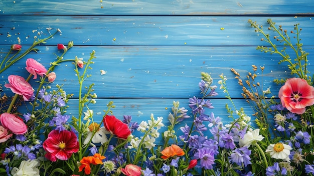青い木製のテーブルの背景に庭の花コピー スペースを持つ背景
