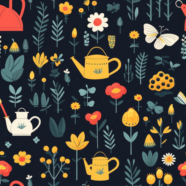 Garden flowers butterflies bees watering can seamless pattern