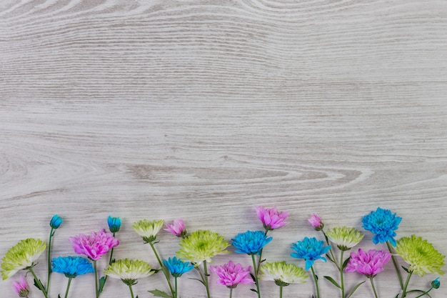 garden flowers composition on wooden table with text space