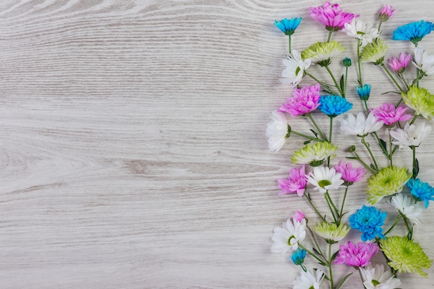 Garden flowers composition on wooden table with text space