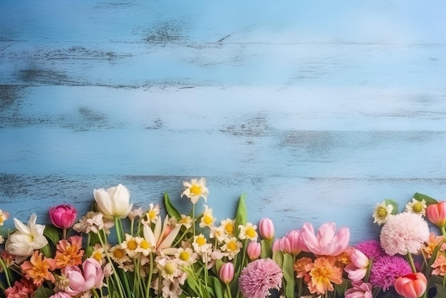 Фото Садовые цветы на фоне синего деревянного стола, созданные с помощью генеративных инструментов ai