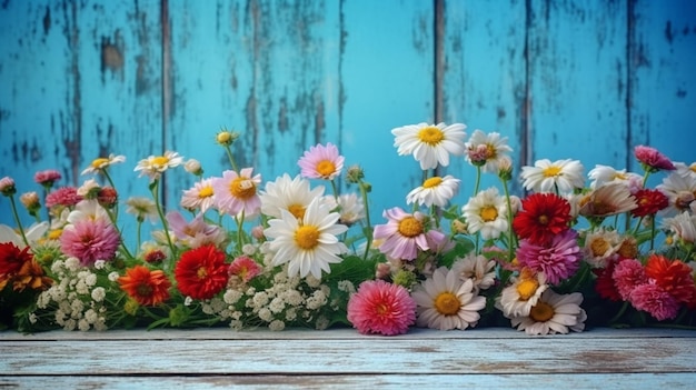 Garden flowers over Tranquil Blue wooden table background Generative AI