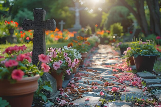 Photo garden flowers with cross in background