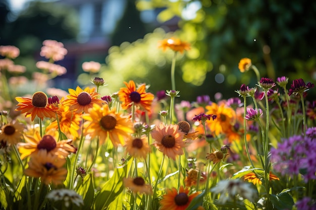 緑の背景と前景の紫とオレンジの花を持つ花の庭園。