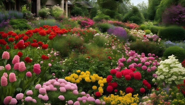 a garden of flowers with a house in the background