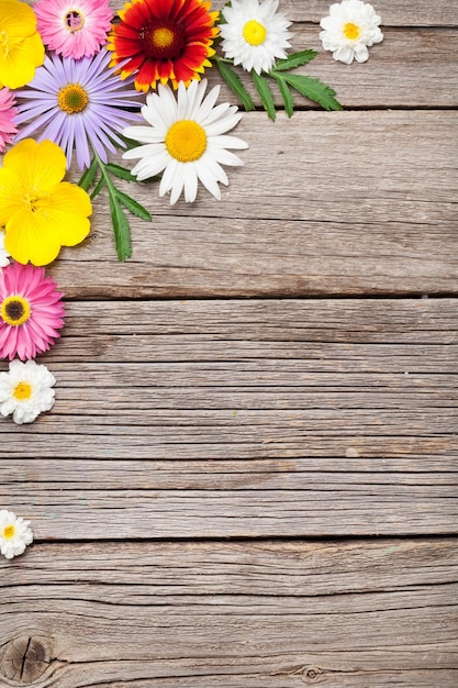 Garden flowers on wood