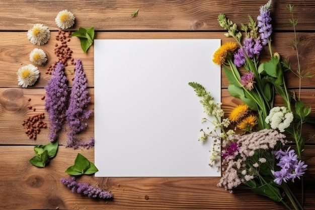 木製のテーブルの背景にある庭の花