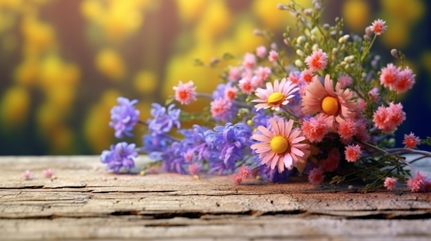 садовые цветы на деревянном столе