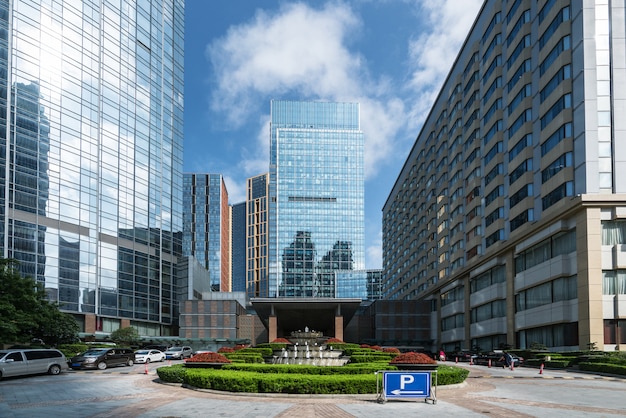 Garden and fountain at the entrance of luxury hotel, Qingdao, China