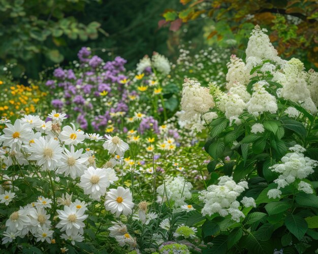 a garden full of white flowers and purple