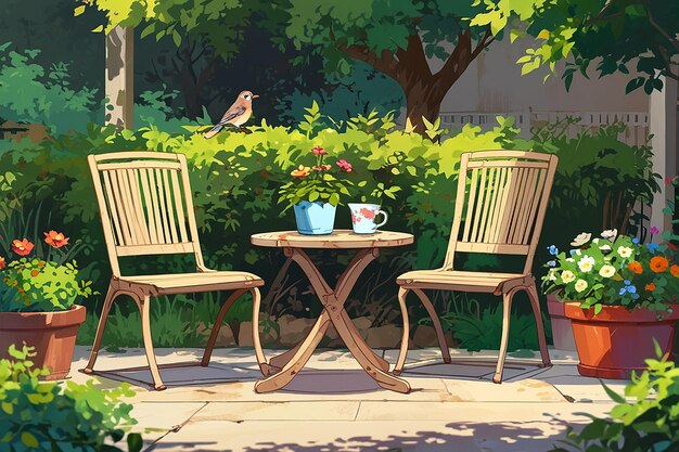 Garden furniture in a garden where there are little birds and pots with flowers