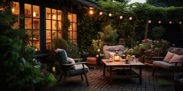 садовая мебель с подушками на деревянной террасе с подносом с цветами ночью Генеративный AI