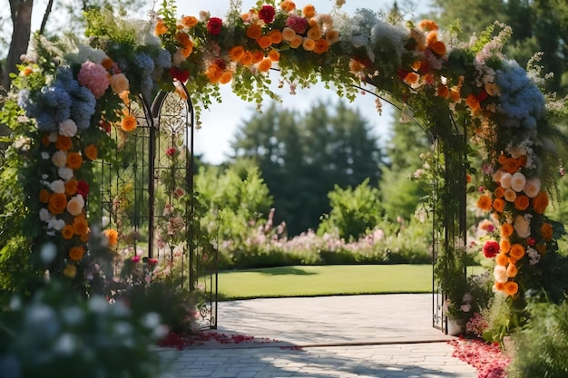 Premium AI Image | A garden gate with a floral arch and flowers.