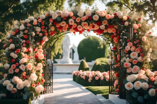 A garden gate with roses on the front.