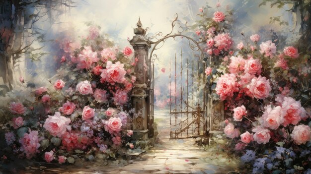 Photo a garden gate with roses watercolor detailed pastel colors ai generative