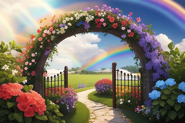 Foto porte del giardino con sentieri di fiori e un arcobaleno