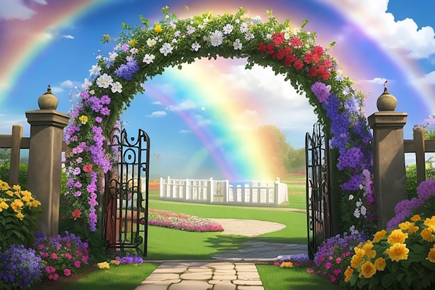 Foto porte del giardino con sentieri di fiori e un arcobaleno