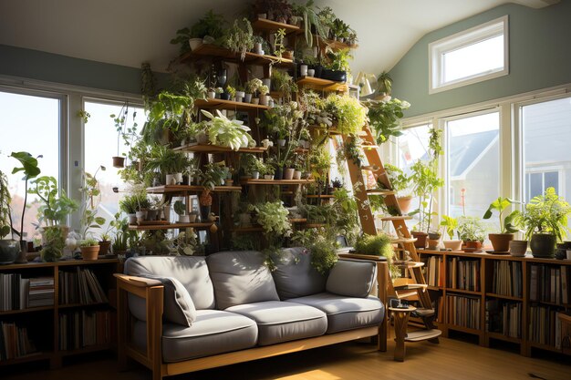 Garden or giant plant overgrowing of apartment inside Style of living room design with green wall