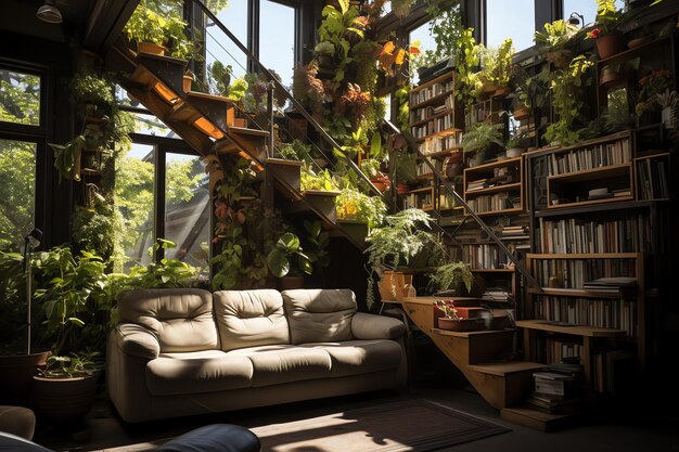 Сад или гигантские растения, заросшие квартирой внутри Стиль дизайна гостиной с зеленой стеной