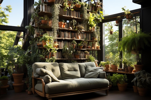 Garden or giant plant overgrowing of apartment inside Style of living room design with green wall