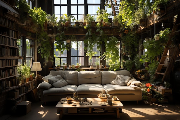 Garden or giant plant overgrowing of apartment inside Style of living room design with green wall