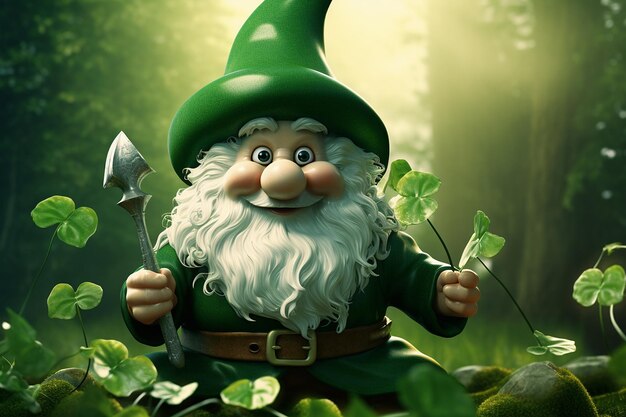 A garden gnome holding a shamrock