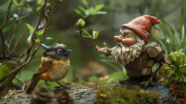 Photo a garden gnome stands in the forest looking at a small bird the gnome is made of stone and has a long white beard