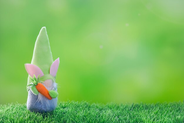 Garden gnome in a tall cap with a carrot in his hands on the green grass Spring green blurred background with copy space