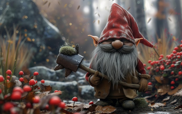 Garden gnome with a red hat holding a tool surrounded by greenery and flowers illuminated by the golden sunlight