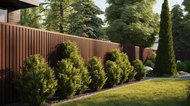 Foto garden harmony verticale delen van bruin metalen profiel hek versierd met levende plantingen groene thuja struiken en een goed onderhouden gazon