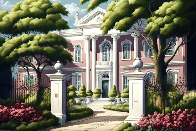 Garden of house with white columns and trees and iron mansion gates