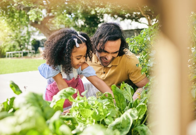 Garden inspection and happy family kid father and watch seed growth plant fertilizer or care for agriculture Child development love bond and dad teaching youth girl sustainable gardening