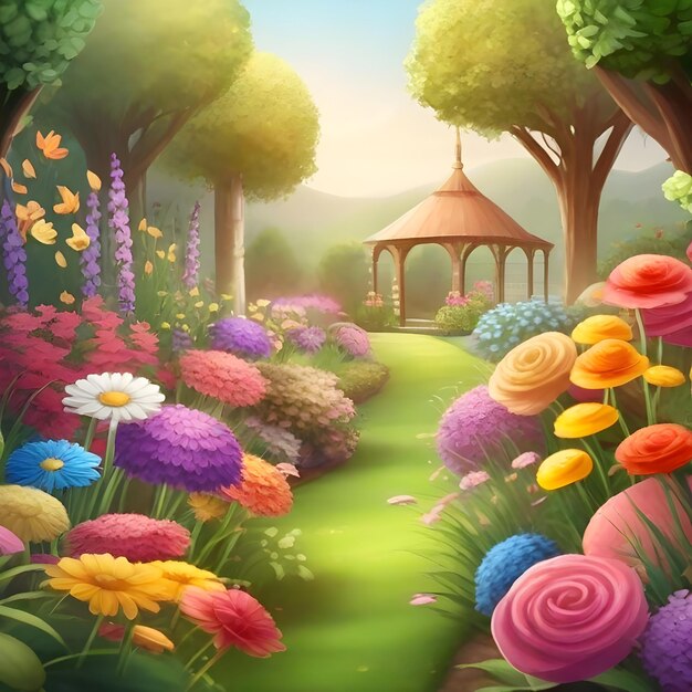 A garden inspired backdrop with an array of colorful flowers illustration AI generate image