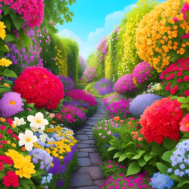 庭園にインスパイアされた背景に色とりどりの花が描かれていますイラスト: AIが画像を生成します