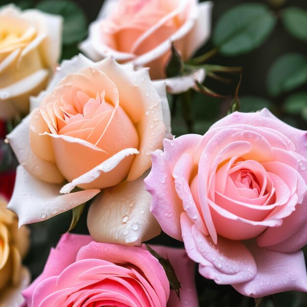 The garden is filled with pink roses blooming outside