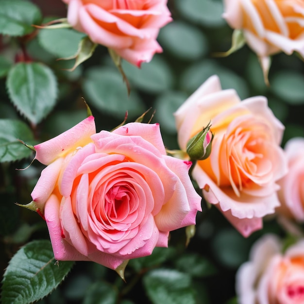 The garden is filled with pink roses blooming outside