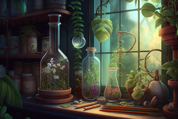 Garden laboratory with test tubes and seeds growing into healthy plants