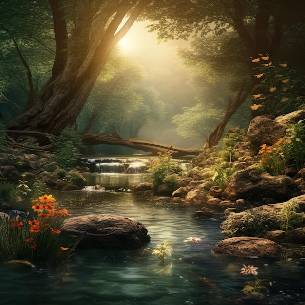 Сад, озеро, гора, фоновое изображение Генеративный ИИ