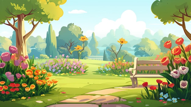 garden landscape with flowers and grass cartoon illustration ai generative