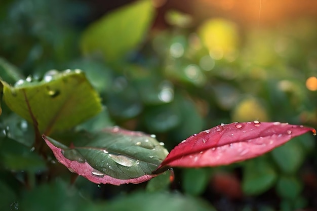 夕暮れの雨の後の庭の葉