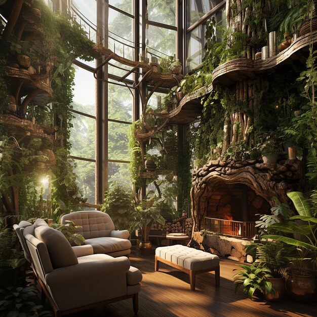 거실의 정원 숲 디자인 미래의 나무 집 부동산 및 생태 개념