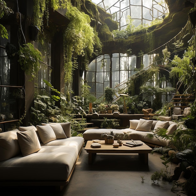 リビングルームの庭園 森のデザイン 未来のツリーハウス 不動産と生態学コンセプト