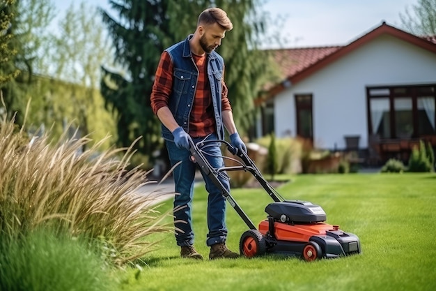 Foto giardino prato prato tagliando un operaio taglia l'erba pianta tagliare cura del giardino giardino paesaggio del cortile generativo ia illustrazione