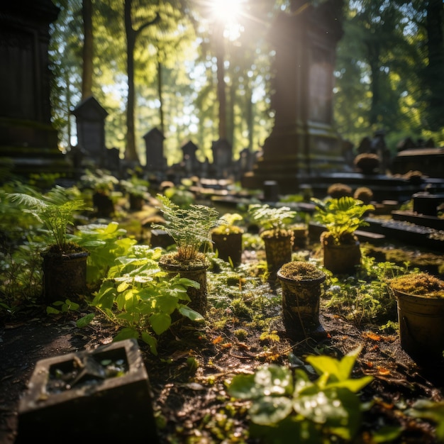 과거 를 보존 하는 기억 의 정원 - 식물 으로 조각 된 그라나이트 묘석 들