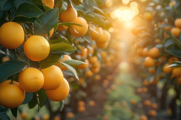 夕暮れのオレンジの木の庭