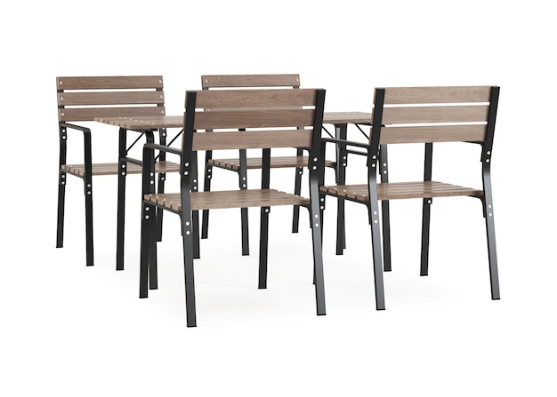 Garden, outdoor furniture isolated on white background. Wooden dining area. Clipping path included. 3D rendering.