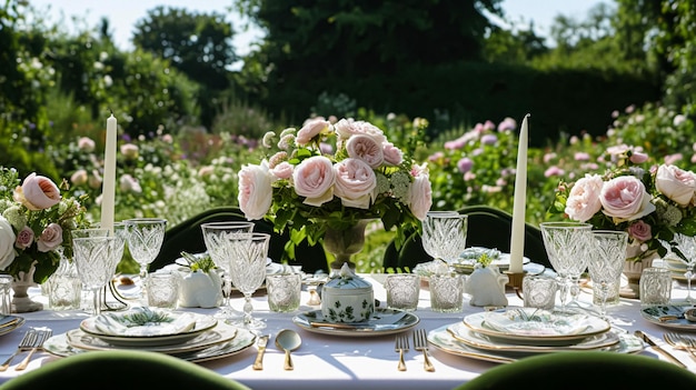 Foto tavoli da festa in giardino eleganza del paesaggio con decorazione floreale del tavolo